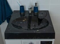 Раковина над стиральной машиной Stella Polar Миро 60х60 черный мрамор с кронштейнами